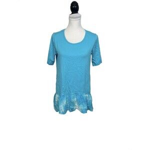 LOGO Lori Goldstein Knit Blouse Size S Blue Eyelet Ruffle Tie Dye Pullover Top